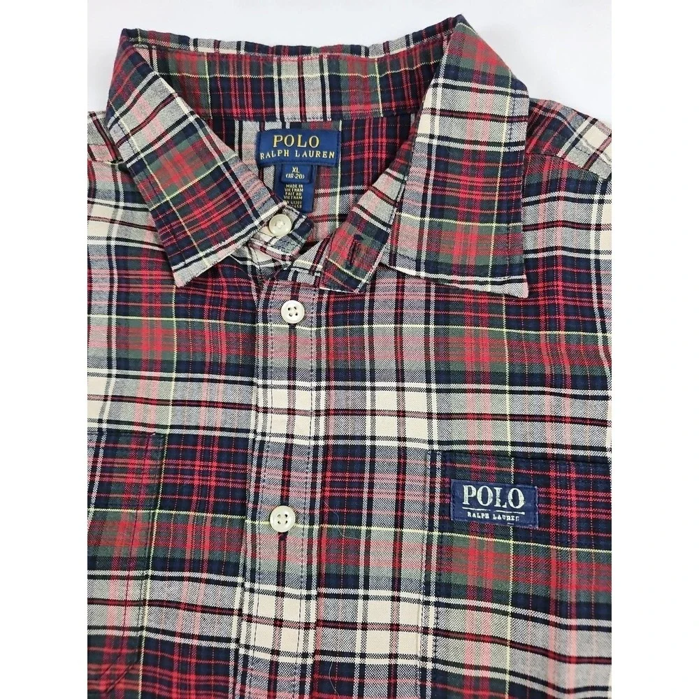 Ralph Lauren Polo Button Shirt Boys XL 18-20 Cotton Burgundy‎ Plaid